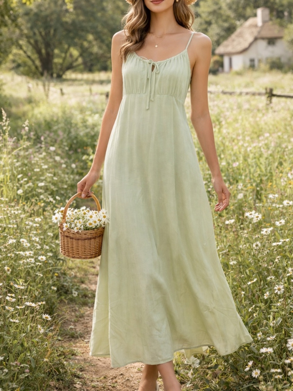 Aritzia Wilfred Light Sage Smocked Waist Milkmaid Coquette Cottage Midi Dress